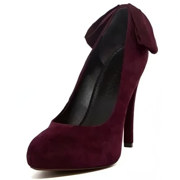Vera Wang Plum Purple Burgundy Red Leather Suede Pin-Up Bow Stiletto Heels 6.5 - Picture 1 of 11